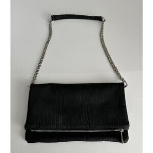 Black Foldover Clutch Bag with Silver Chain